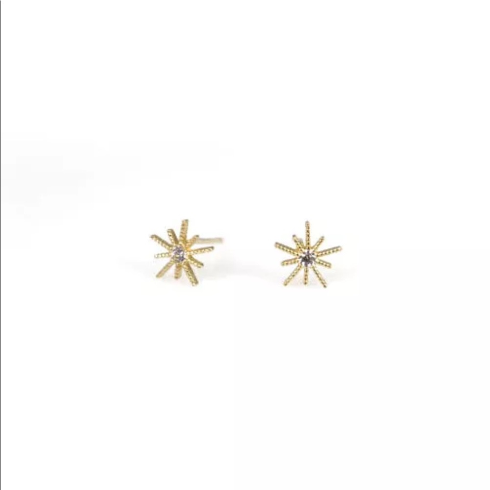 Natural Diamond Starburst Design 14K Gold Studs - Picture 3 of 4